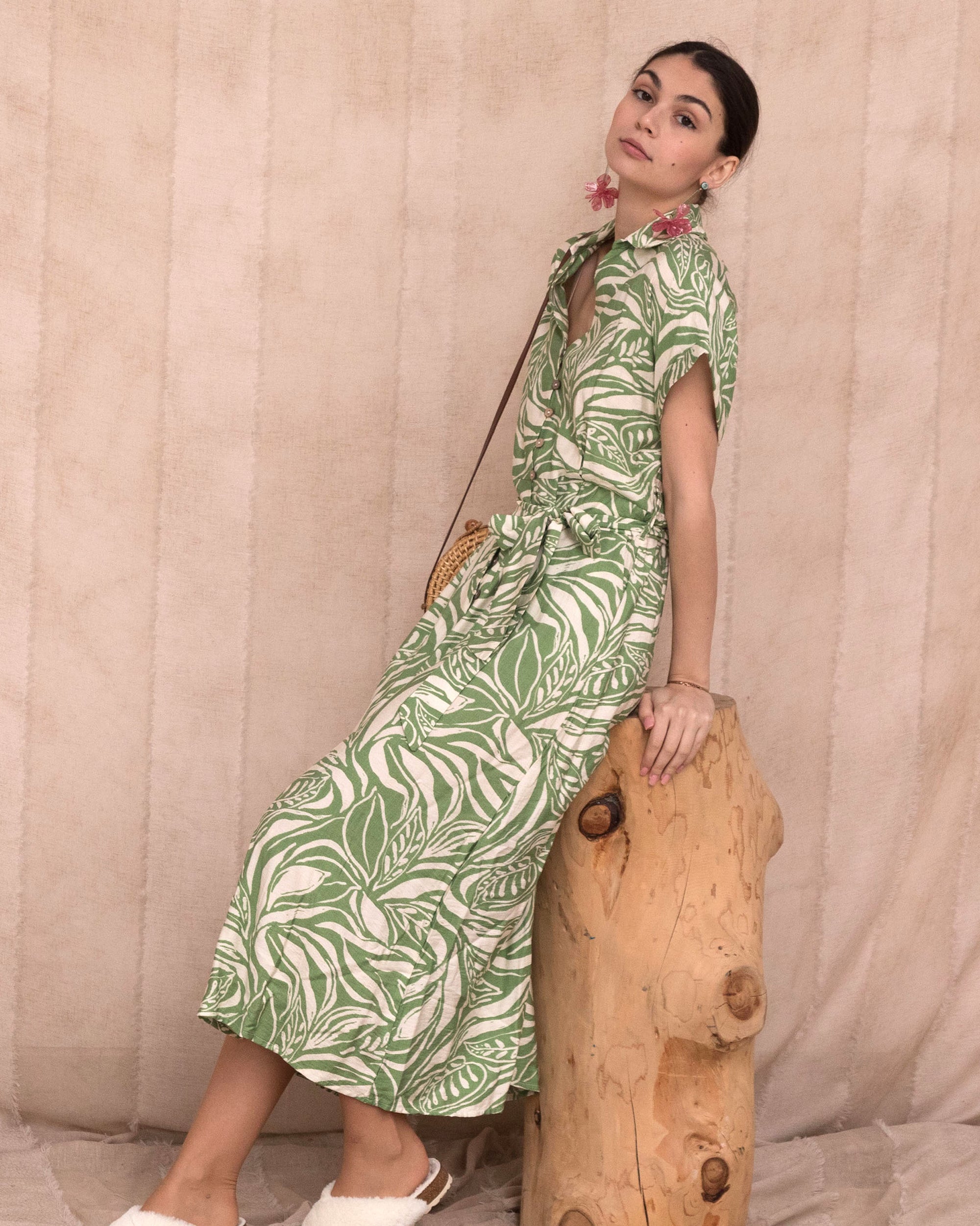 Multi Leaves' print Cotton Linen shirt dress short sleeves in