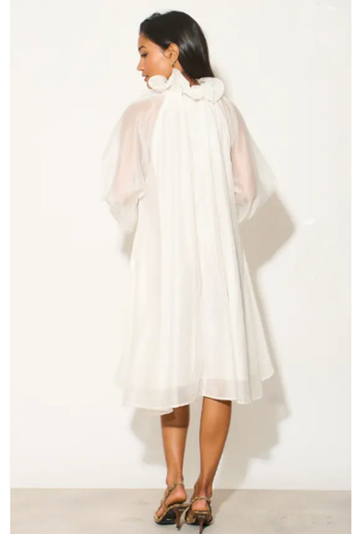 Ruffle Tie Neck Oversized Midi Dress In White