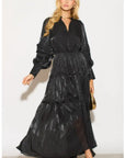 Silky feeling organza midi dress with ruffle design on sleeves and skirt hem in Black