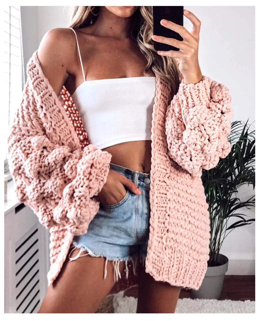 Hand knit cable design cardigan in pink