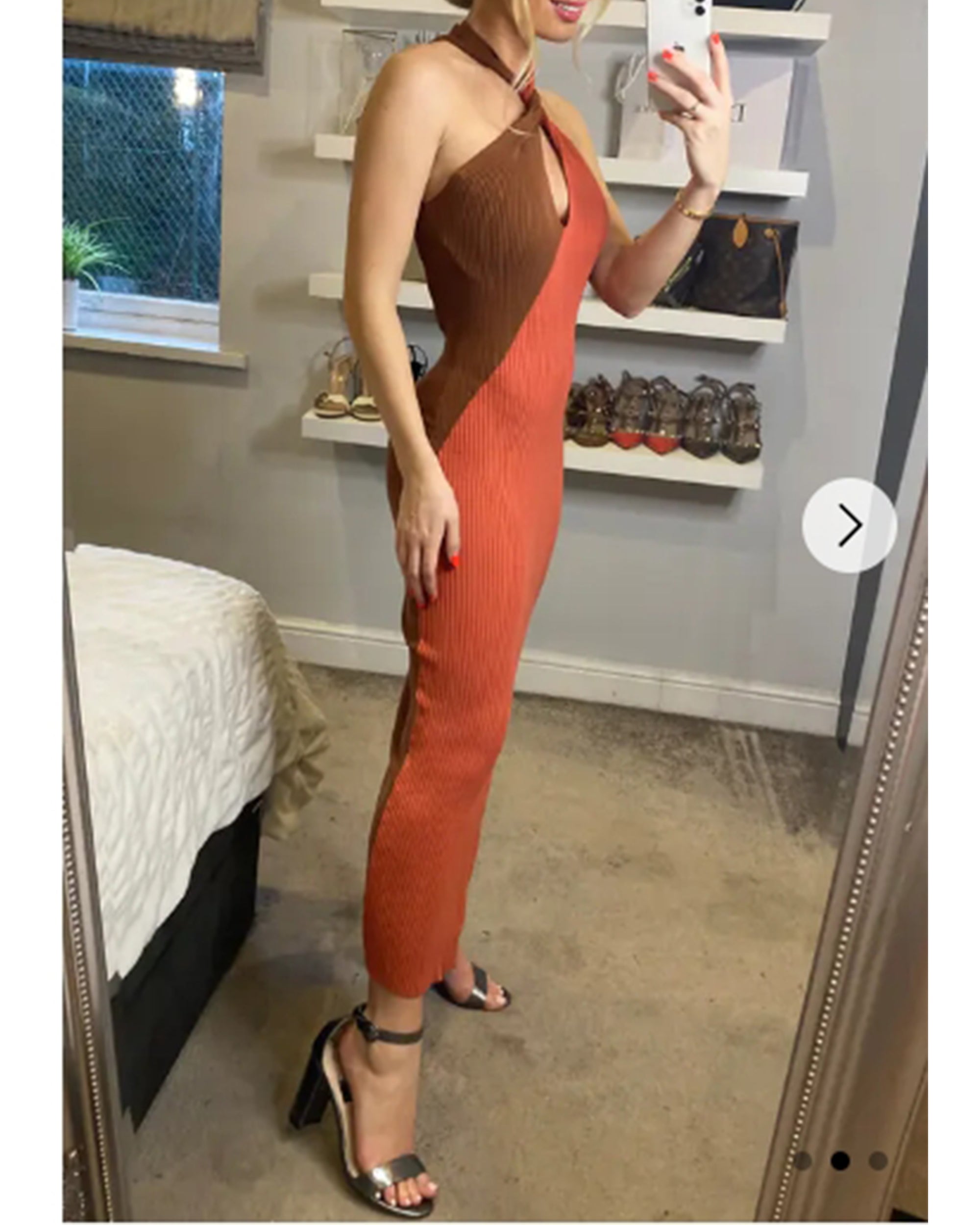 Soft Knitted Ribbed Midi Bodycon twist neck Dress In Brown coffee Contrast