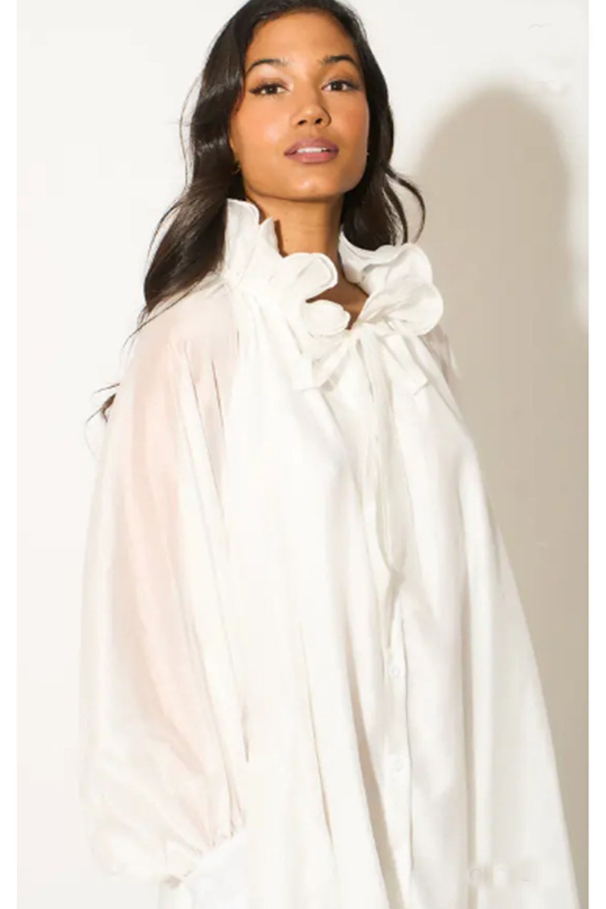 Ruffle Tie Neck Oversized Midi Dress In White
