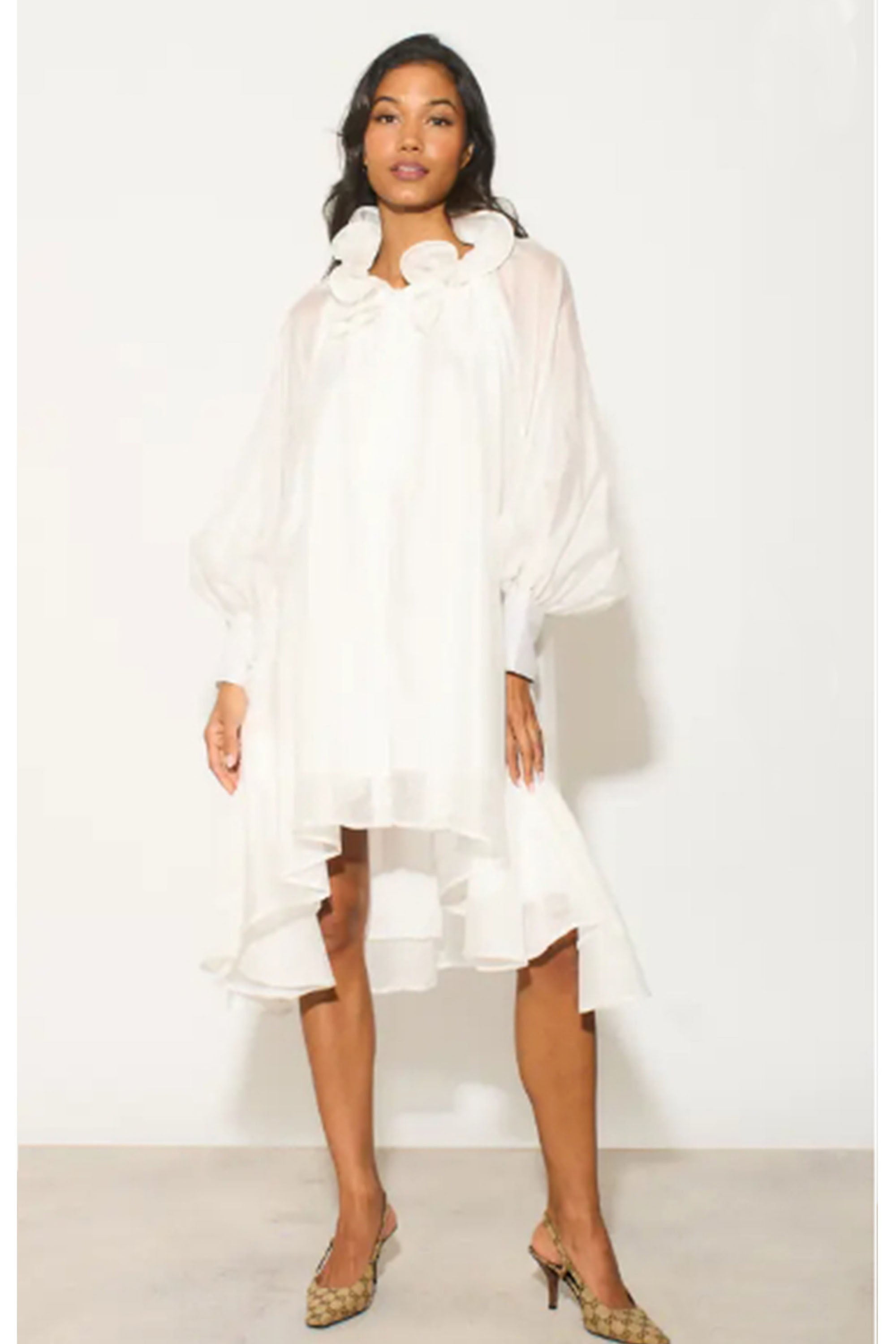 Ruffle Tie Neck Oversized Midi Dress In White