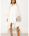 Ruffle Tie Neck Oversized Midi Dress In White
