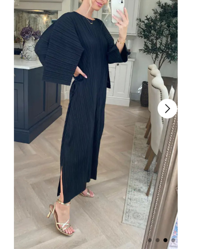 Full Length Pleated maxi dress with cap sleeves in black