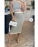 Stripe print sleeveless top and midi skirt co-ords suits in beige
