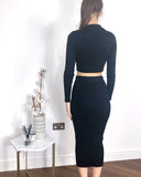 Long sleeves top with buttons design and midi skirt co-ords suits in black