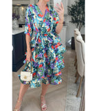 Floral Print Ruffl Multi Layer Hem design Dress in Blue