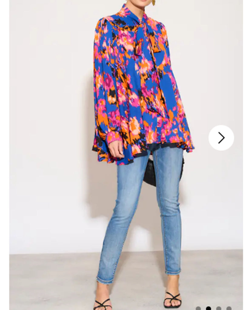 Wild Bloom multi color print oversized shirt with tie up bow design in navy blue