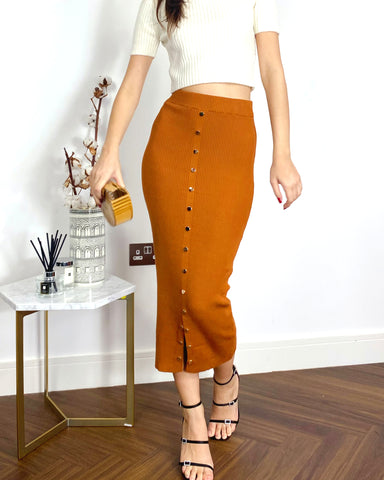 Midi Pencil Skirt in Fine Knit bodycon style in Rusty Brown