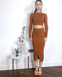 Long sleeves top with buttons design and midi skirt co-ords suits in brown