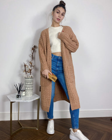 Cable knit design wool-blended long oversized cardigan in Beige