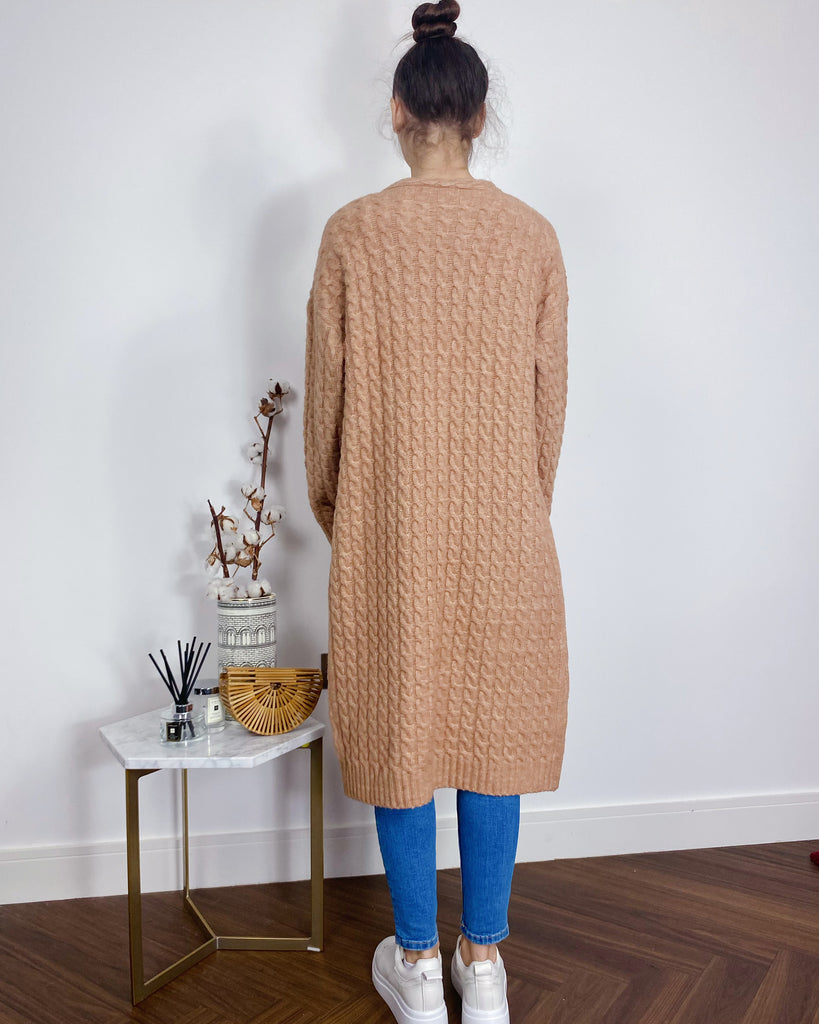Cable knit design wool-blended long oversized cardigan in Beige