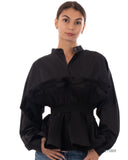 Ruffle design around chest and hem cotton shirt in Black
