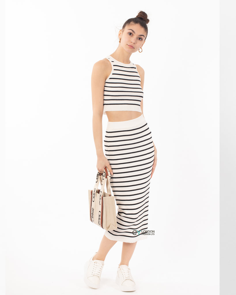 Stripe print sleeveless top and midi skirt co-ords suits in white