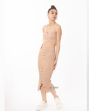 Wrap deigned sleeveless vest top and midi skirt co-ords suits in beige