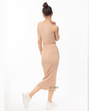 Wrap deigned sleeveless vest top and midi skirt co-ords suits in beige