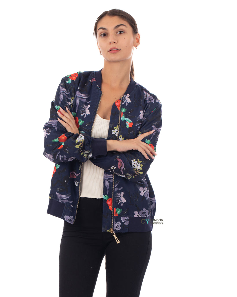 Floral and bird print Bomber Jacket (BLUE)