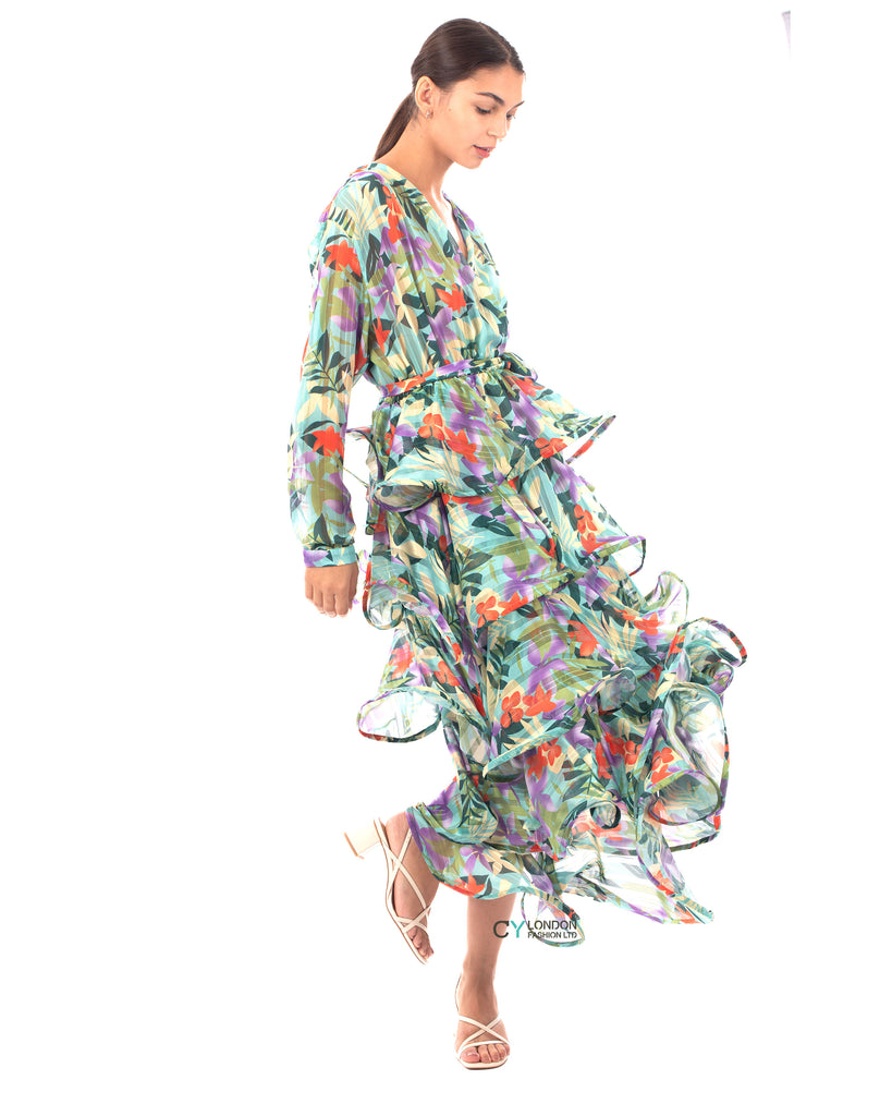 Floral Print Ruffl Multi Layer Hem design Maxi Dress in Blue