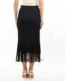 Pleated Midi Skirt with multi fringed tassel hem design in black