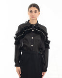 Pleated ruffles with multi dimoned stone embellished sleeves design organza shirt in black