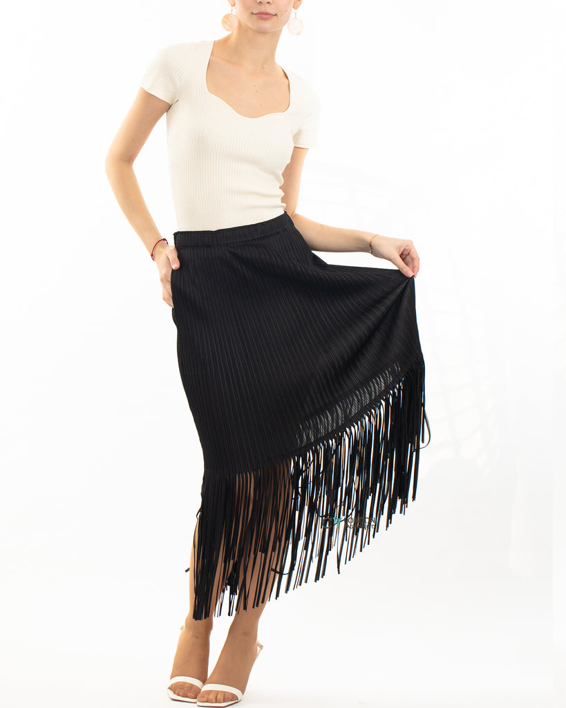 Pleated Midi Skirt with multi fringed tassel hem design in black