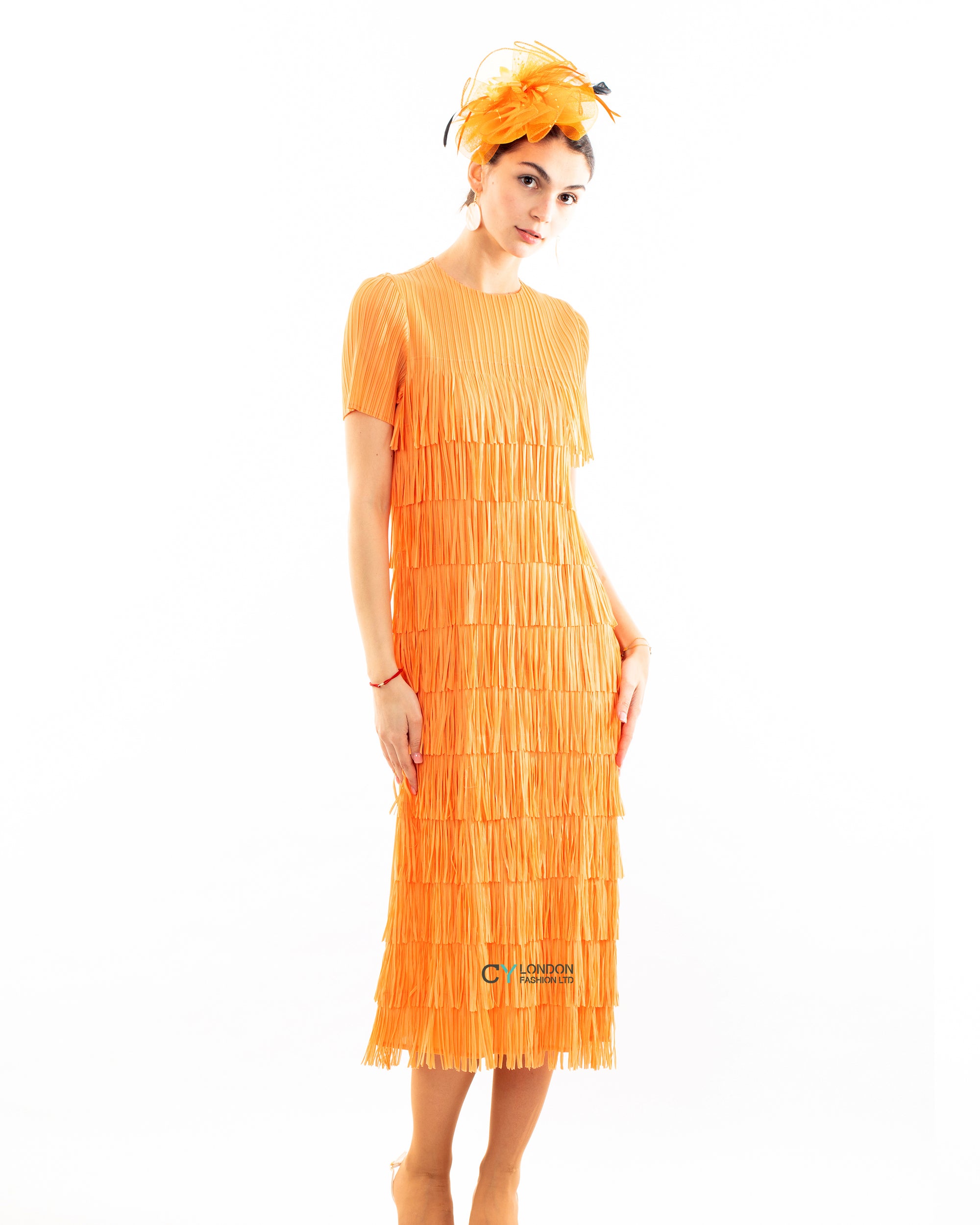 Pleated Midi dress with multi layer fringed tassel design in Orange