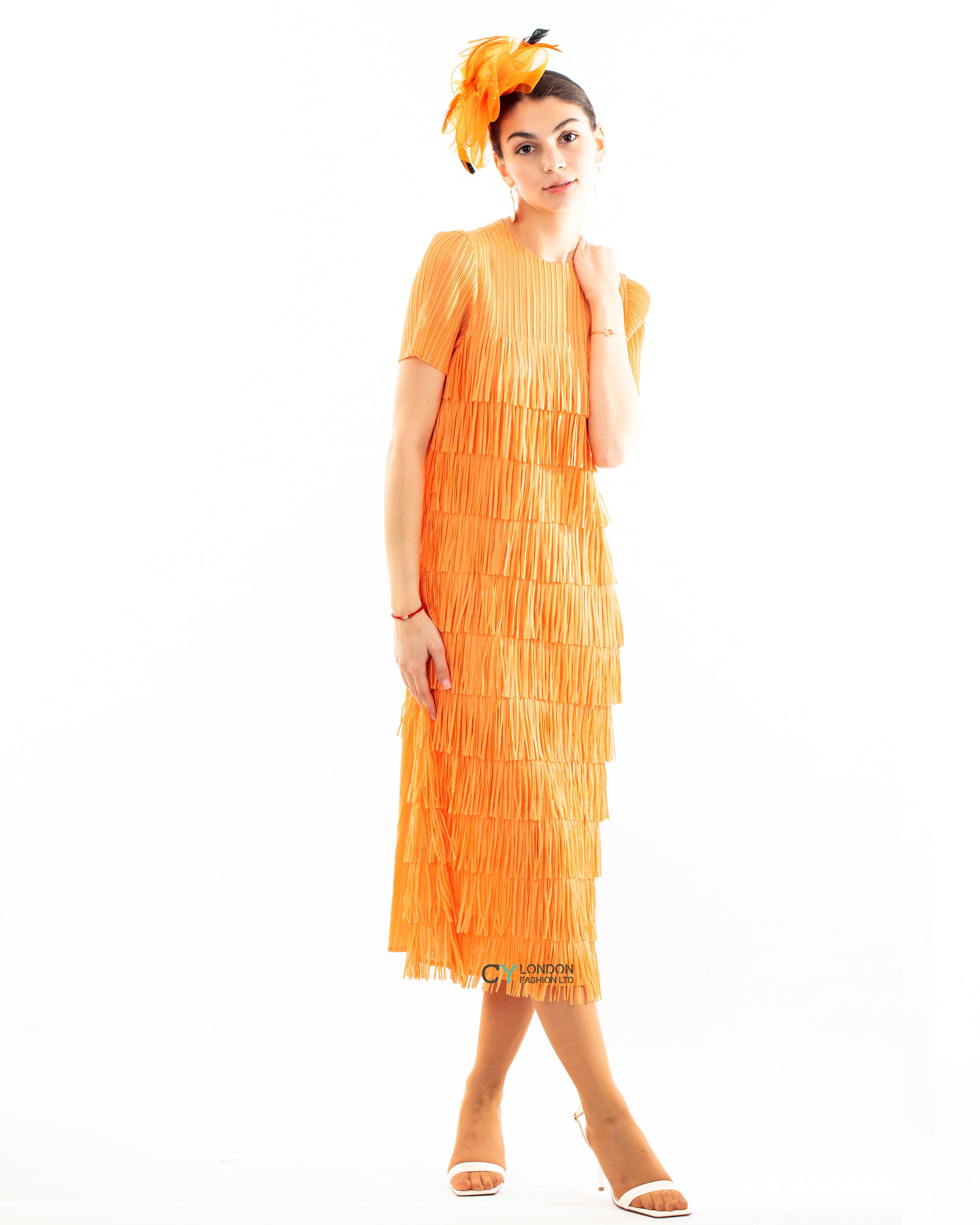 Pleated Midi dress with multi layer fringed tassel design in Orange