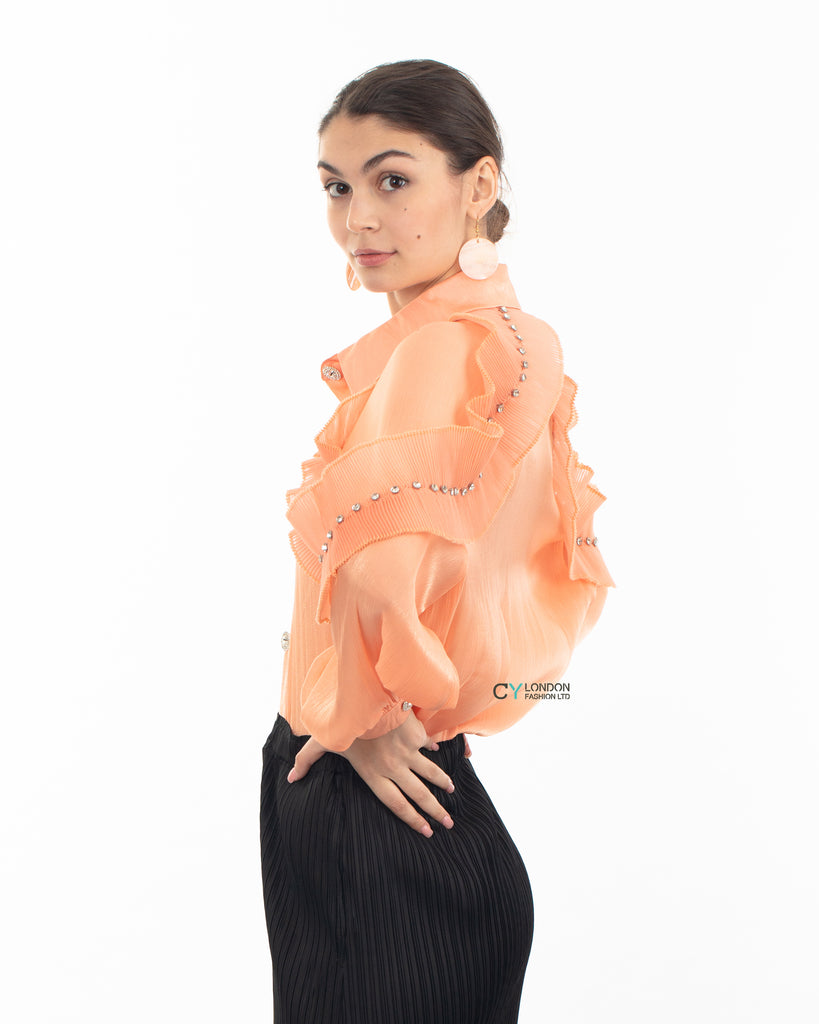Pleated ruffles with multi dimoned stone embellished sleeves design organza shirt in Peach