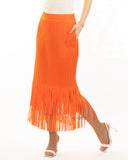 Pleated Midi Skirt with multi fringed tassel hem design in orange