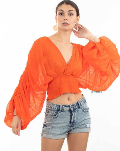 Elaticated body and sleeves oversized top in orange