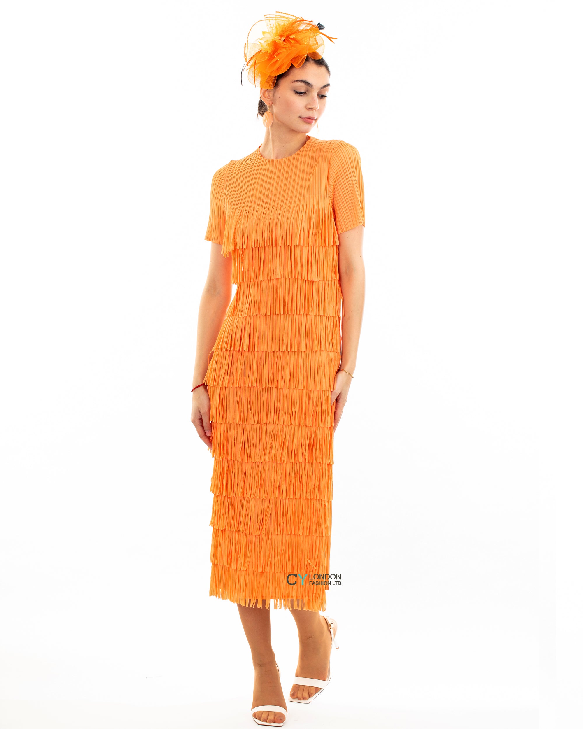 Pleated Midi dress with multi layer fringed tassel design in Orange