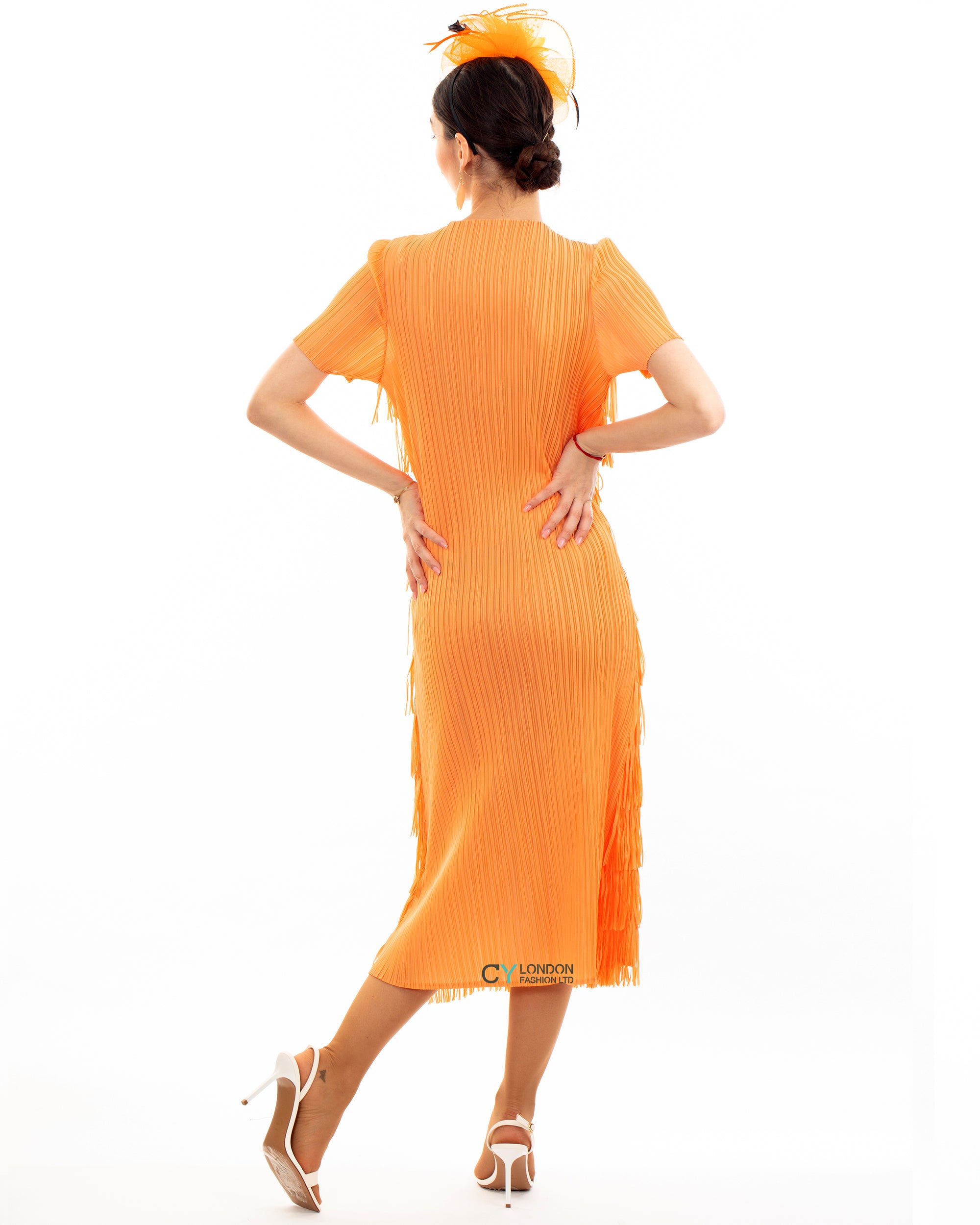 Pleated Midi dress with multi layer fringed tassel design in Orange