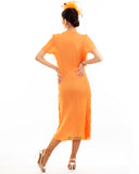 Pleated Midi dress with multi layer fringed tassel design in Orange