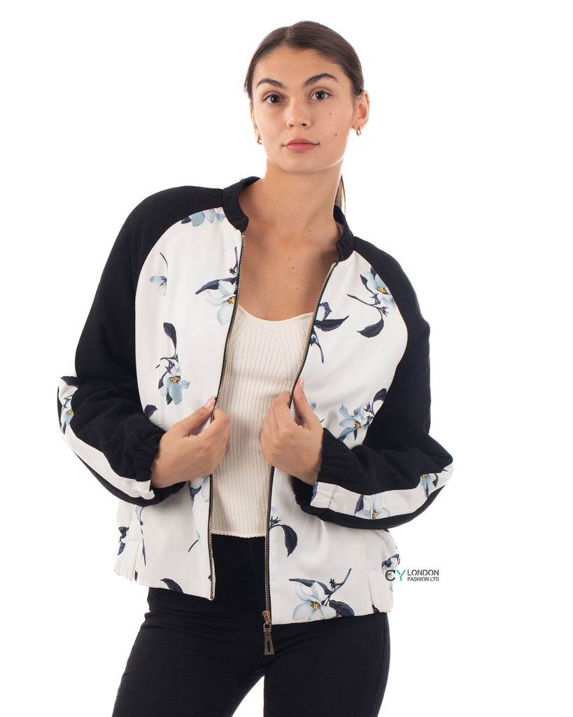 Floral printed quilted Bomber Jacket (White)