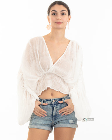 Elaticated body and sleeves oversized top in White