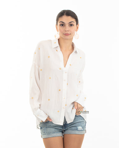 Gold Polka Dots Embroidered Shirt in Soft cotton fabric in White