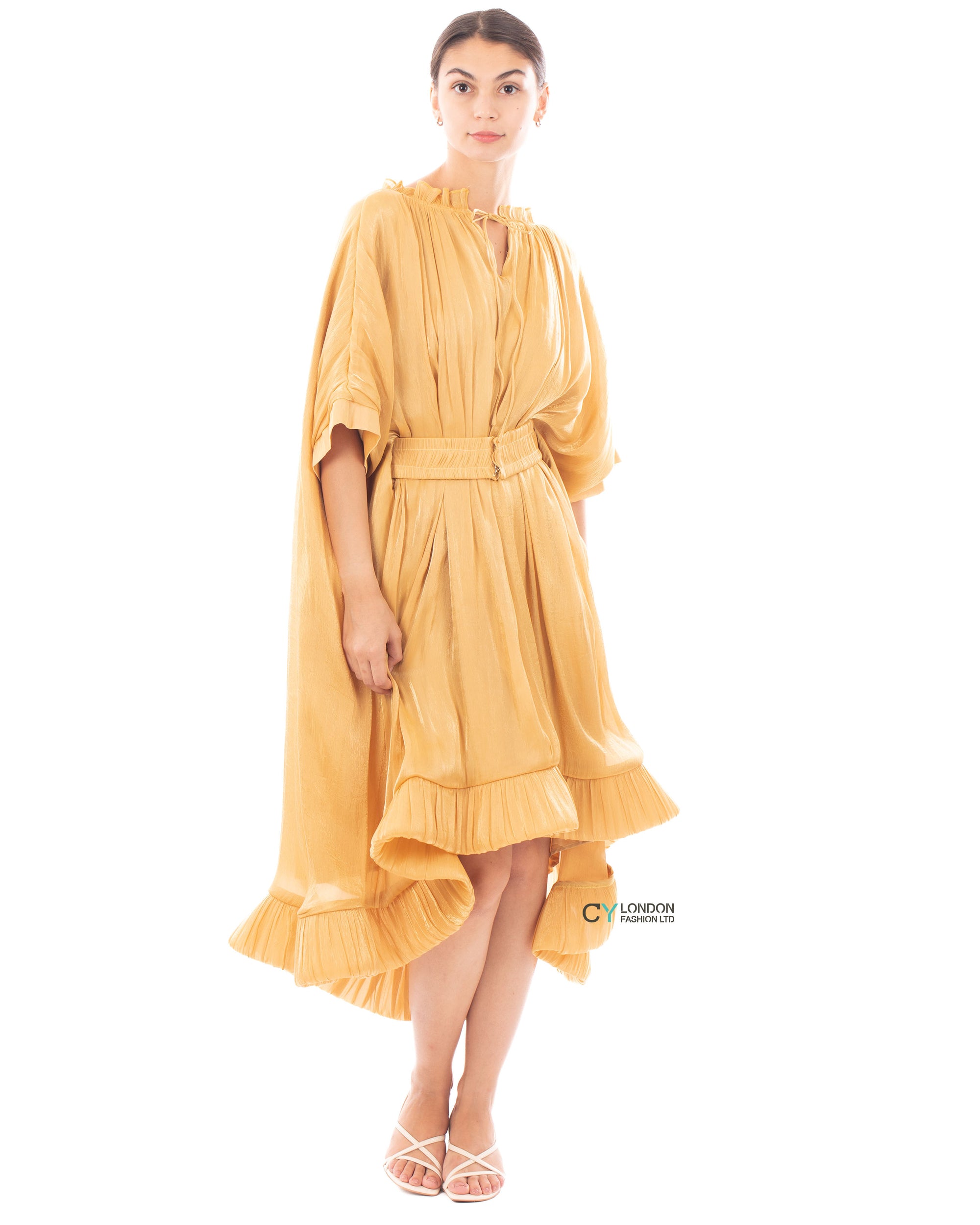 Ruffle Hem Oversized dress with belt in yellow