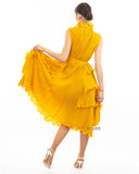 Pleated Midi dress with frilled layer and scallopd neckline design in Yellow