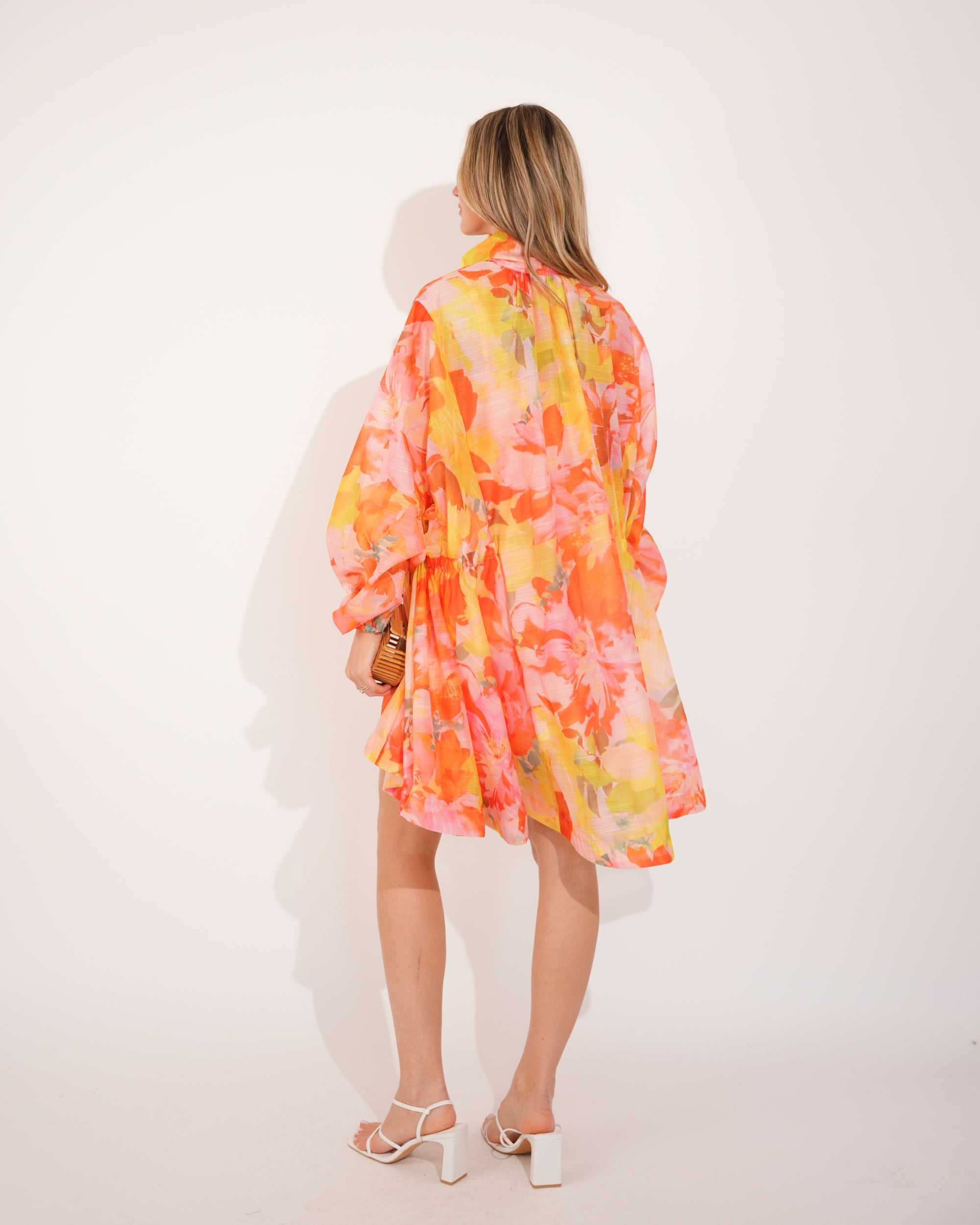 Oversized Pink Floral Print Billow Dress With Blouson Sleeves