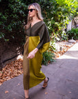 Green color blocking Print Pleated Dress in Kimono sleeves