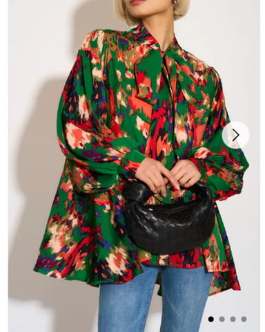 Wild Bloom multi color print oversized shirt with tie up bow design in Green