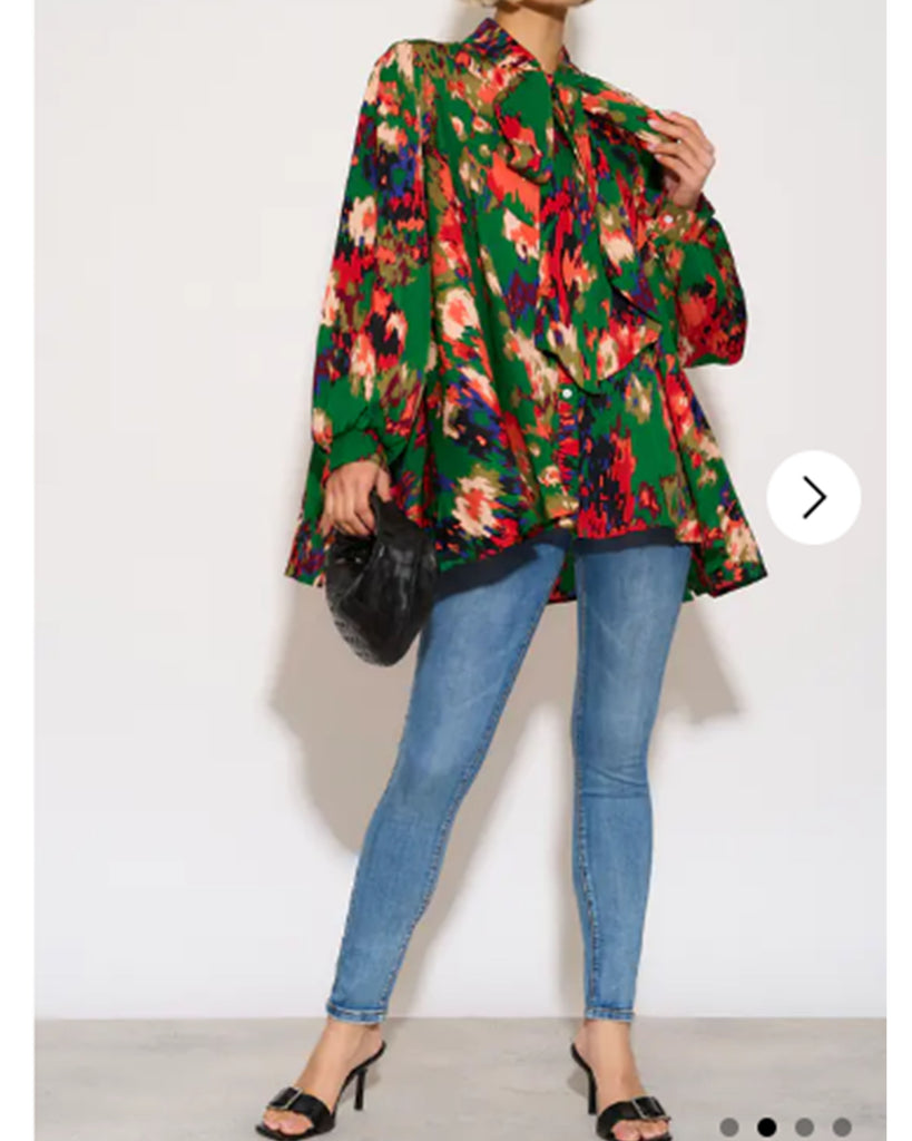 Wild Bloom multi color print oversized shirt with tie up bow design in Green