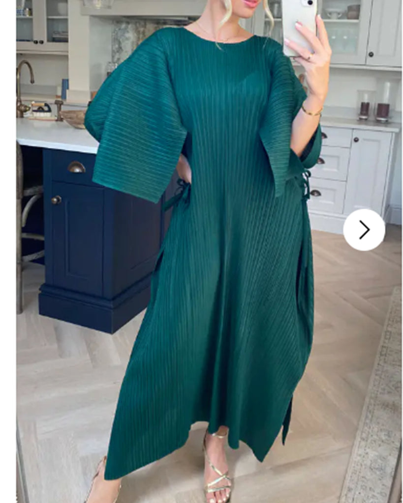Full Length Pleated maxi dress with cap sleeves in green