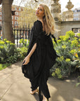 Black Ruffle-Trim Draped Resort Dress