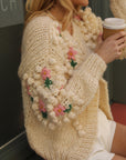 Hand-Knitted Textured Floral Cardigan In Cream