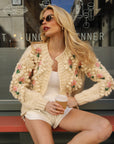 Hand-Knitted Textured Floral Cardigan In Cream