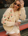 Hand-Knitted Textured Floral Cardigan In Cream