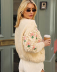 Hand-Knitted Textured Floral Cardigan In Cream