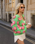 Statement Crochet Flower Cardigan – Green & Pink